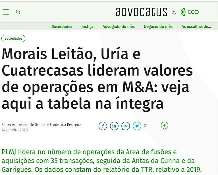 Morais Leito, Ura e Cuatrecasas lideram valores de operaes em M&A: veja aqui a tabela na ntegra